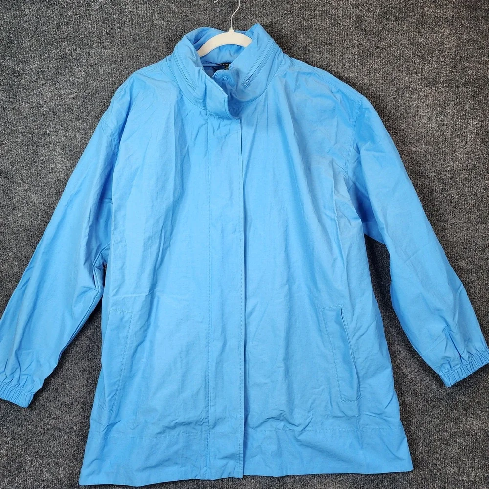 NWT Eileen Fisher Hidden‎ Hood Stand Collar Organic Cotton Nylon Rain Jacket L